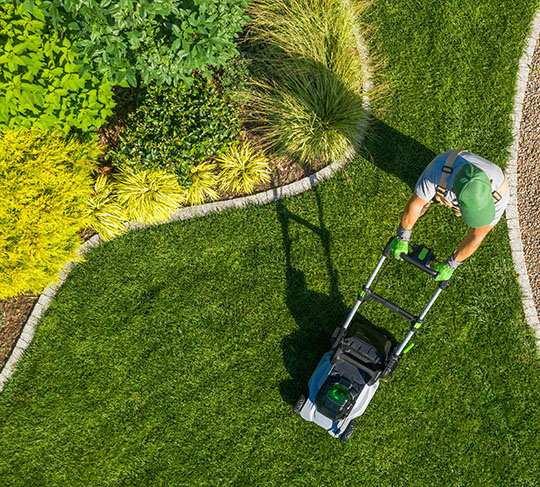 Person mowing lawn with concrete mow strips